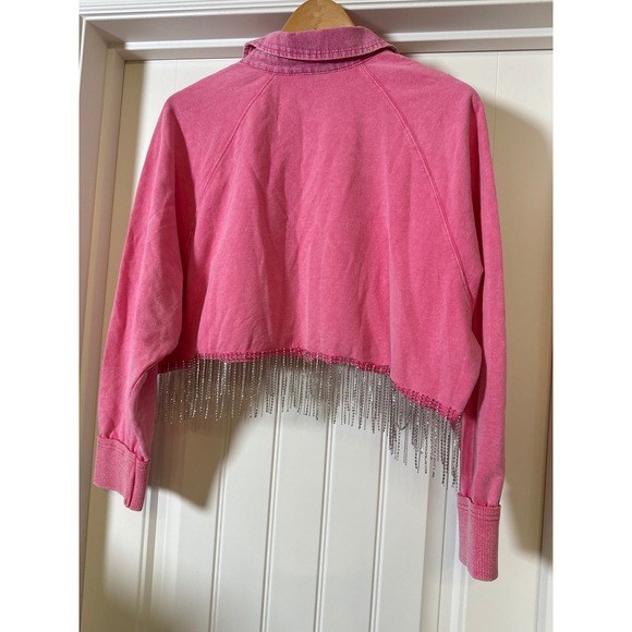 Boot Barn Pink Rhinestone Fringe Cropped Sweatshirt Collared Snap Button Size M - Picture 2 of 6